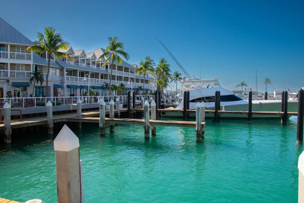 Vacation Travel Innovation waterfront marina scene in the Florida Keys with boats, palms, and clear water.
